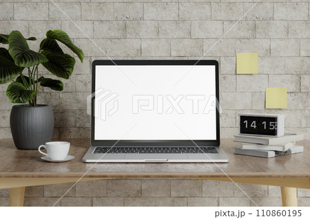 Minimalist workspace with a laptop mockup on a table in a minimal office. 3d render illustration 110860195