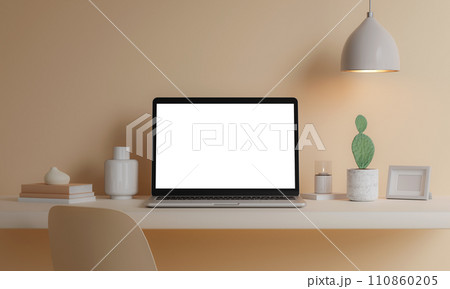 Minimalist workspace with a laptop mockup on a table in a minimal office. 3d render illustration Minimalist workspace with a laptop mockup on a table in a minimal office. 3d render illustration 110860205