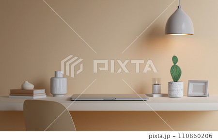 Workspace notebook computer, minimal bright classic interior. 3d render illustration mock up. Workspace notebook computer, minimal bright classic interior. 3d render illustration mock up. 110860206