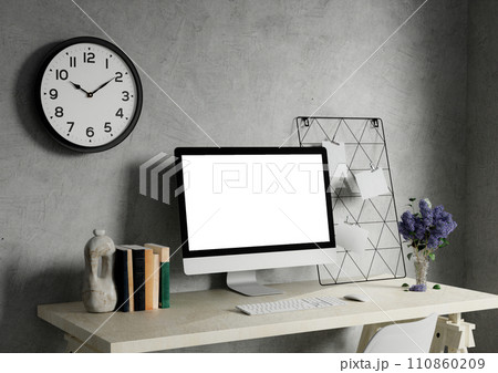 A modern PC computer blank screen mockup is on a table in a modern minimal home office. 3d render illustration 110860209