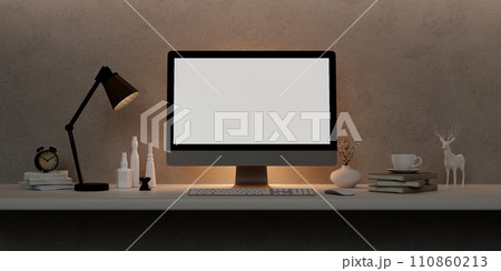 A modern PC computer blank screen mockup is on a table in a modern minimal home office. 3d render illustration 110860213