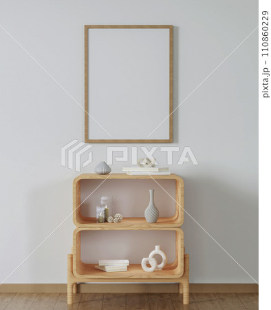 Mock up poster frame on cabinet in living room interior. 3d render illustration Mock up poster frame on cabinet in living room interior. 3d render illustration 110860229