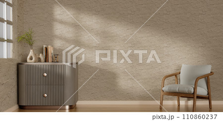 Modern minimalist interior with an armchair on empty white wall background. 3D rendering illustration 110860237