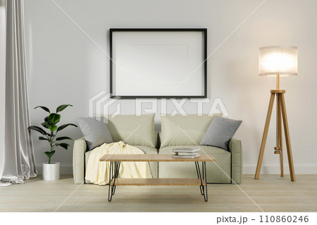 Blank picture frame mockup on white wall. Modern living room design. View of modern Scandinavian style interior with sofa. 3d render illustration 110860246