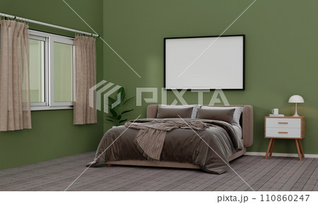 Frame horizontal frame mockup in cozy bedroom interior. 3d render illustration 110860247