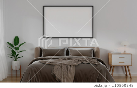 Frame horizontal frame mockup in cozy bedroom interior. 3d render illustration 110860248