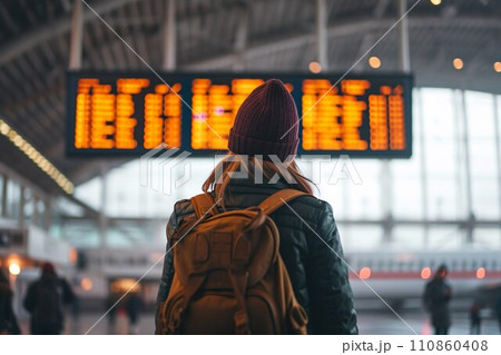 空港で時刻表を見る女性02 空港で時刻表を見る女性02 110860408