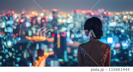 夜景を見つめるドレス姿の女性01 110861444