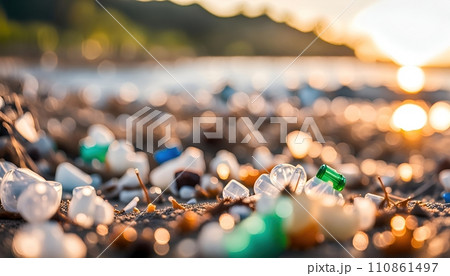 Used weathering and differently colored plastic parts and plastic residues pollute the sand and soil of nature - ai generated 110861497