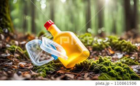 Used weathering and differently colored plastic parts and plastic residues pollute the sand and soil of nature - ai generated 110861506