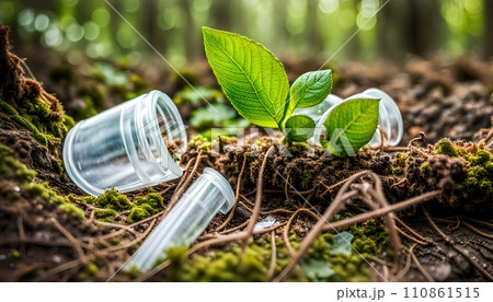 Used weathering and differently colored plastic parts and plastic residues pollute the sand and soil of nature - ai generated 110861515