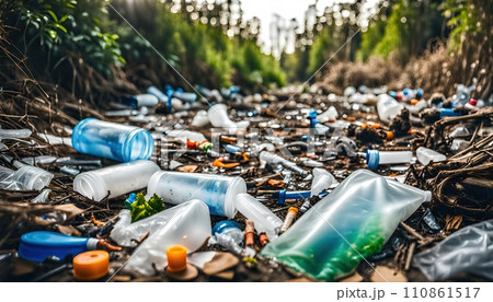 Used weathering and differently colored plastic parts and plastic residues pollute the sand and soil of nature - ai generated 110861517