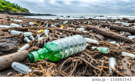 Used weathering and differently colored plastic parts and plastic residues pollute the sand and soil of nature - ai generated 110861543