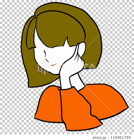 Illustration of a woman smiling with her hand on her cheek 110861789