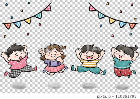 元気よくジャンプする子供たち　手描きイラスト素材 110861795