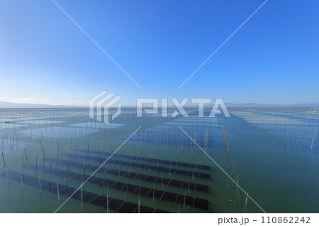 有明海の海面に海苔網が浮かび上がった養殖場の景色 有明海の海面に海苔網が浮かび上がった養殖場の景色 110862242