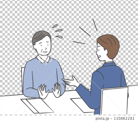 強引なビジネスマンと困っているシニア男性 110862281