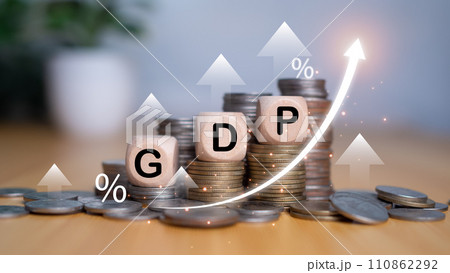 Gross domestic product, Financial, Management, Economic, Inflation, recession and Money concepts, GDP block with Coins stack and UP and Down arrow symbol icon. 110862292