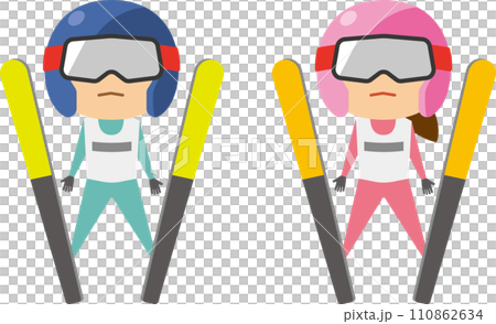 スキージャンプ選手のイメージイラスト（男女セット） 110862634