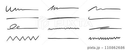 Pen underline line stroke, marker scribble. Hand drawn mark, brush drawn curve, doodle sketch vector. Pen text underline, handwritten doodle elements, lettering emphasis. Vector 110862686