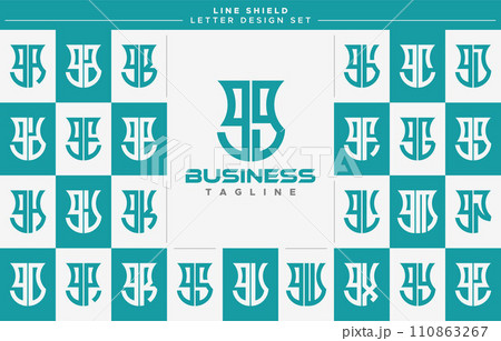 Set of line security shield lowercase letter G GG logo, number 9 99 design 110863267