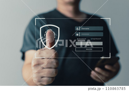 Businessman protecting personal data on smart phone with virtual screen interfaces. Cyber security and privacy concepts to protect data. Lock icon and internet network security technology. Businessman protecting personal data on smart phone with virtual screen interfaces. Cyber security and privacy concepts to protect data. Lock icon and internet network security technology. 110863785