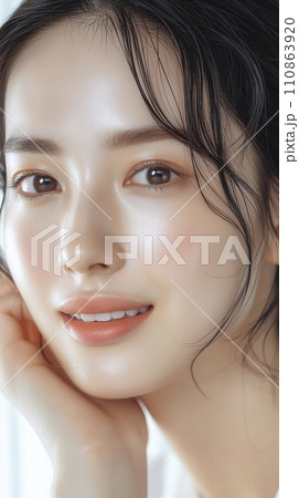 美容液を塗って肌に潤いがある女性の顔アップ（AI生成画像） 110863920