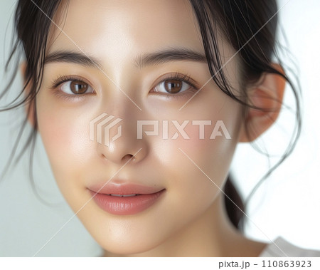 美容液を塗って肌に潤いがある女性の顔アップ（AI生成画像） 110863923