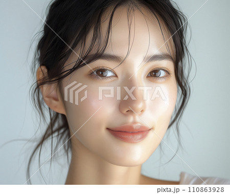 美容液を塗って肌に潤いがある女性の顔アップ（AI生成画像） 110863928