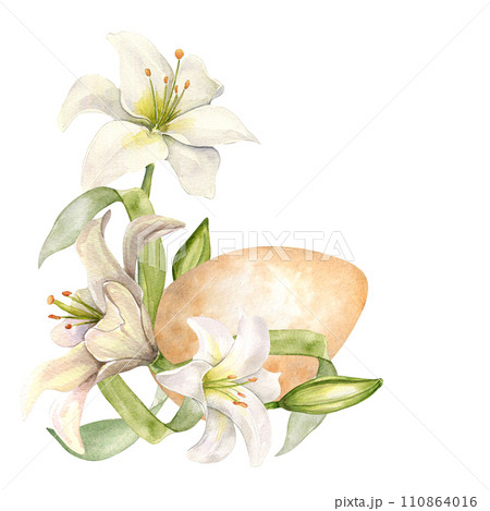 Easter egg and white flowers. Easter delicate illustration isolated on white background. Watercolor frame with gentle flowers hand drawn. Painted lily, egg for design greeting card, decoration Easter egg and white flowers. Easter delicate illustration isolated on white background. Watercolor frame with gentle flowers hand drawn. Painted lily, egg for design greeting card, decoration 110864016