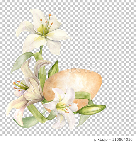 Easter egg and white flowers. Easter delicate illustration isolated on white background. Watercolor frame with gentle flowers hand drawn. Painted lily, egg for design greeting card, decoration Easter egg and white flowers. Easter delicate illustration isolated on white background. Watercolor frame with gentle flowers hand drawn. Painted lily, egg for design greeting card, decoration 110864016