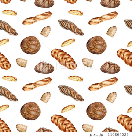 Different type of baguette and rye bread watercolor seamless pattern isolated on white. Hand drawn loaf. Painted challah. Illustration of bread. Element for design bakery, package, paper wrapping Different type of baguette and rye bread watercolor seamless pattern isolated on white. Hand drawn loaf. Painted challah. Illustration of bread. Element for design bakery, package, paper wrapping 110864022