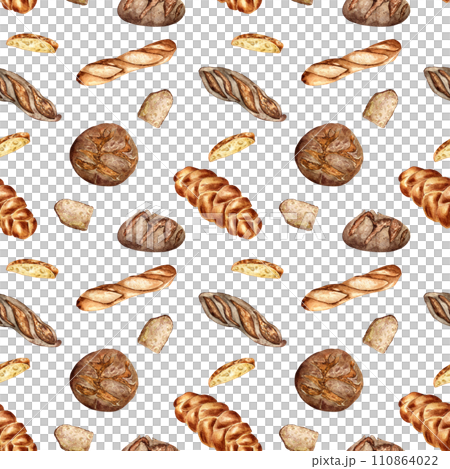 Different type of baguette and rye bread watercolor seamless pattern isolated on white. Hand drawn loaf. Painted challah. Illustration of bread. Element for design bakery, package, paper wrapping Different type of baguette and rye bread watercolor seamless pattern isolated on white. Hand drawn loaf. Painted challah. Illustration of bread. Element for design bakery, package, paper wrapping 110864022