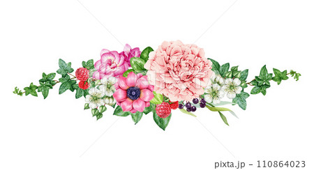 Spring lush flower natural decor. Watercolor vintage style illustration. Hand painted tender garden flowers with green leaves decoration. Pink peony, raspberry, ivy leaf element. White background 110864023