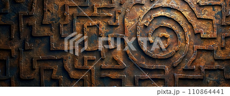 AI-generated content. intricate metallic maze design, evoking a sense of complexity and ancient craftsmanship against a dark, textured background. 110864441