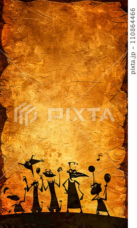 AI-generated content. silhouetted cartoon figures on an aged parchment background, reminiscent of ancient cave drawings with a humorous twist. 110864466