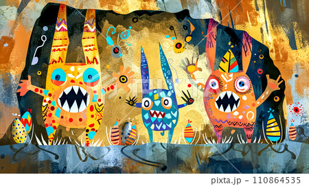 AI-generated content. Easter-themed elements, featuring a joyful bunny in a playful pose, surrounded by colorful Easter eggs and spring flowers against a textured cave wall backdrop. 110864535