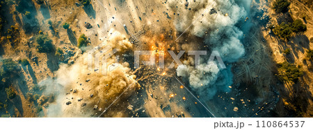 AI-generated content.  A dramatic top-down aerial view captures an intense moment of explosion and chaos, likely from a battle, with smoke and debris scattered across the scene. 110864537
