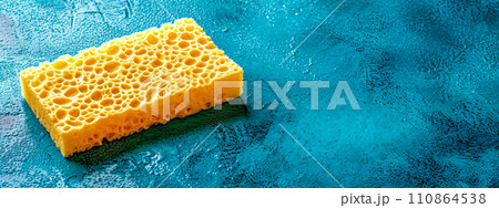 AI-generated content. yellow cleaning sponge on a wet blue surface, highlighting the contrast in textures and the vibrant colors 110864538