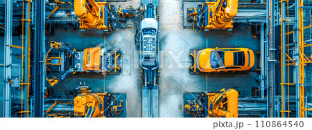 AI-generated content.  Top-down view of a car manufacturing line with robotic arms and vehicles in production stages. 110864540