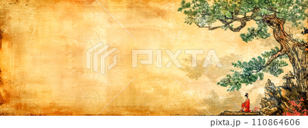AI-generated content. traditional Japanese-style painting depicting a solitary red figure, meditating under an ancient pine tree, with a subtle, faded depiction of a village in the background AI-generated content. traditional Japanese-style painting depicting a solitary red figure, meditating under an ancient pine tree, with a subtle, faded depiction of a village in the background 110864606