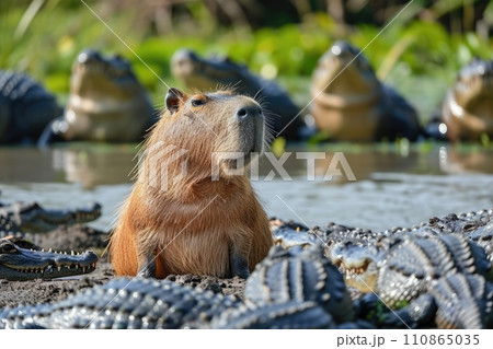 a capybara among crocodiles in the river.AI generative a capybara among crocodiles in the river.AI generative 110865035