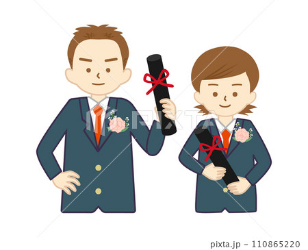 卒業証書を持っている、笑顔の制服姿の男の子と女の子(上半身)② 110865220