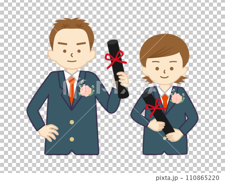 拿著畢業證書的穿著制服微笑的男孩和女孩（上半身）② 110865220