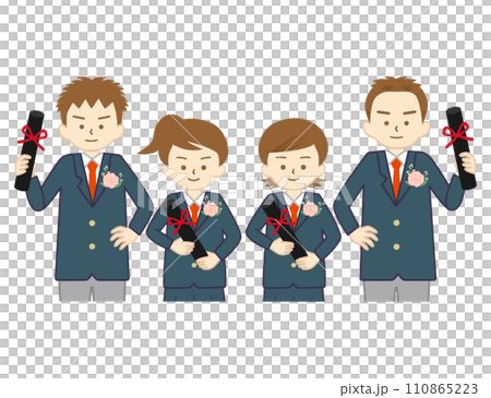 四個微笑的男孩和女孩穿著制服持有文憑（上半身） 110865223