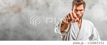 AI-generated content. A determined martial artist in a white gi poses confidently with a focused punch towards the camera, set against a gritty, concrete wall, strength, discipline, determination in 110865252