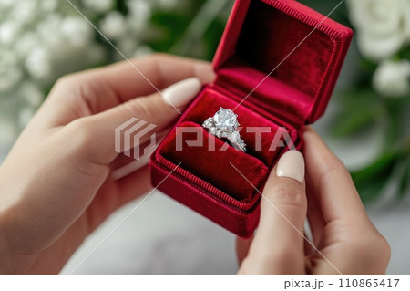 diamond ring in red box in woman hand on . ai generative 110865417