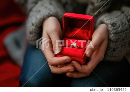 diamond ring in red box in woman hand on . ai generative 110865423