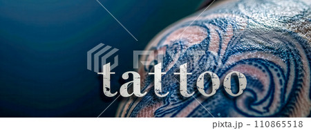 AI-generated content. tattoo on skin, with the word "tattoo" superimposed over it in large, stylized lettering. tattoo's intricate design and the bold text create a striking visual that speaks to the 110865518