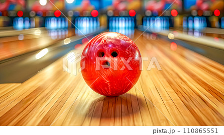 AI-generated content. A close-up of a shiny red bowling ball on a polished wooden lane, with blurred pins and bokeh lights in the background. 110865551
